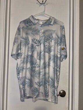 Men's White Polo with Light Gray Leaf Print